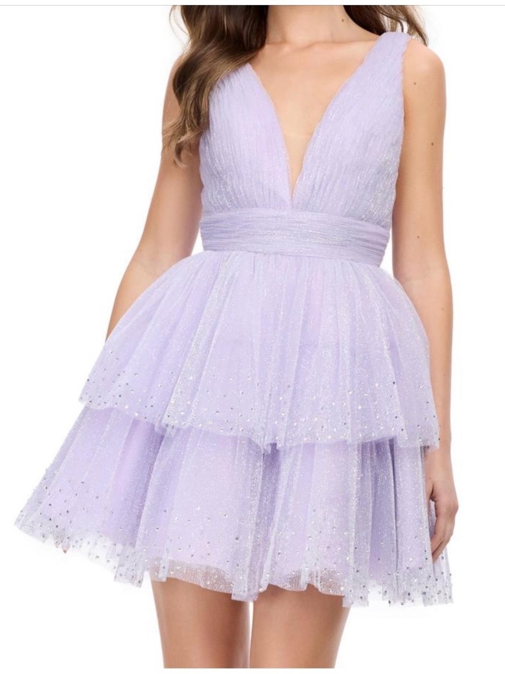 655. Ashley Lauren 4695 Lilac Sparkle Tulle Mini Dress with Plunging V-Neck